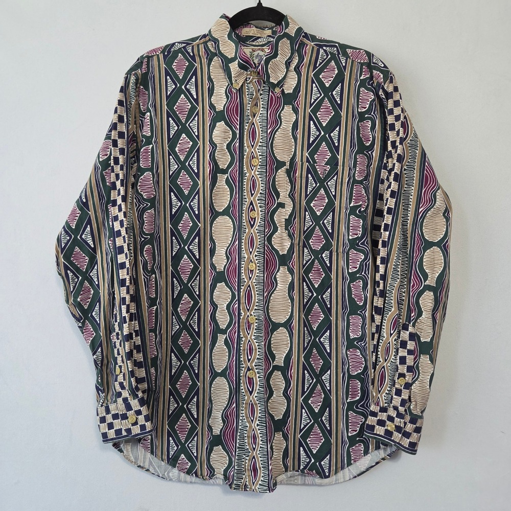 Sears Roebuck & Co Shirt Men M Button Multi Geometric Tribal Vintage 90s Grandpa